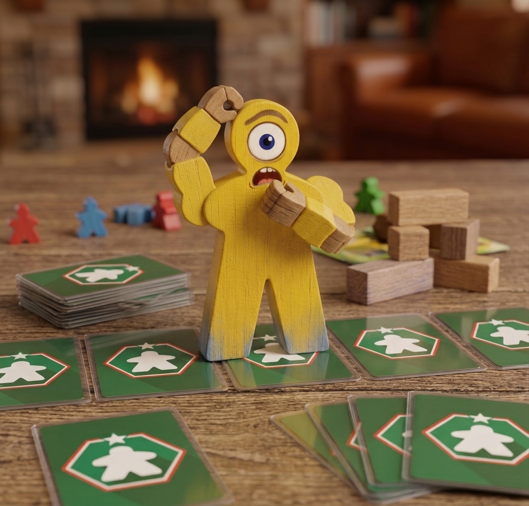 Meeple en bois se tenant la tête, dépassé, au milieu de cartes éparpillées
