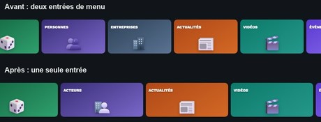 Comparaison de la rangée de tuiles du menu : avant, deux tuiles Personnes et Entreprises ; après, une seule tuile Acteurs