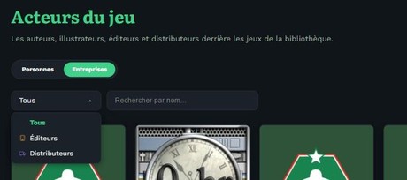 Page Acteurs du jeu avec les onglets Personnes et Entreprises et la liste déroulante des rôles Tous, Éditeurs et Distributeurs, chacun avec une icône colorée
