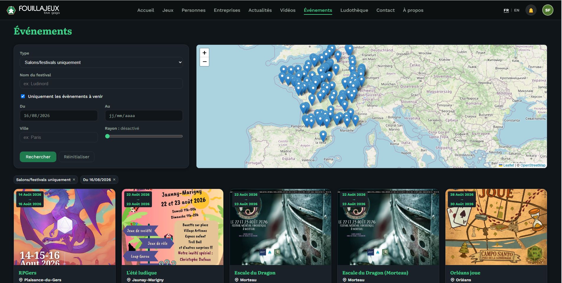 Nouvelle page événements de FouillaJeux avec carte interactive