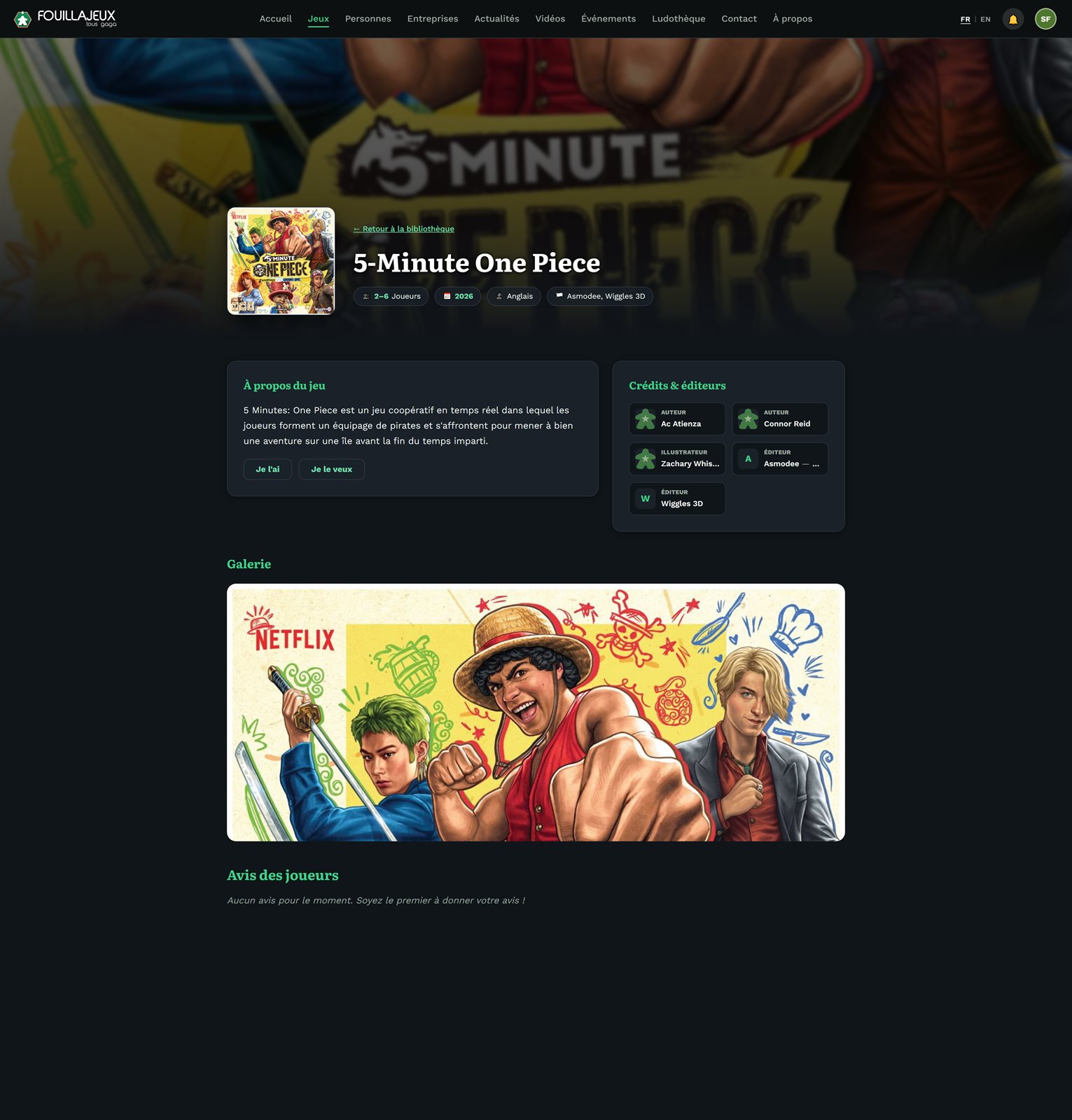Nouvelle fiche jeu complète de FouillaJeux, crédits regroupés et galerie en grille bento