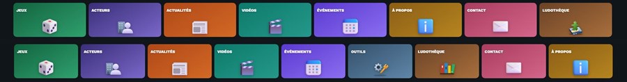 Deux rangées de tuiles du menu : en haut l'ancien ordre, en bas le nouvel ordre avec les tuiles Outils et Ludothèque placées avant Contact et À propos
