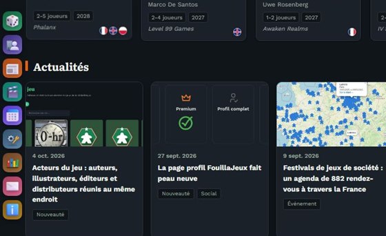 Partie gauche de la page d'accueil défilée vers le bas : une colonne d'icônes colorées à gauche de l'écran, à côté de la rubrique Actualités