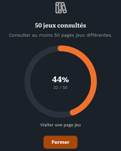 Fenêtre détaillant un haut fait en cours, avec une jauge circulaire orange affichant 44% de progression
