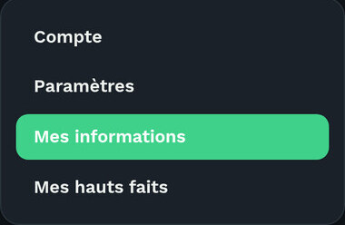 Menu de navigation à quatre onglets : Compte, Paramètres, Mes informations et Mes hauts faits