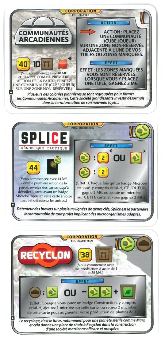 Terraforming Mars - Pack de corporations BGG-Users - Communautés Arcadiennes / Splice Génomique Tactique / Recyclon