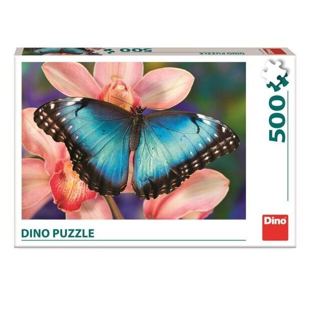 Puzzle - Papillon bleu sur orchidée rose - 500 Pièces